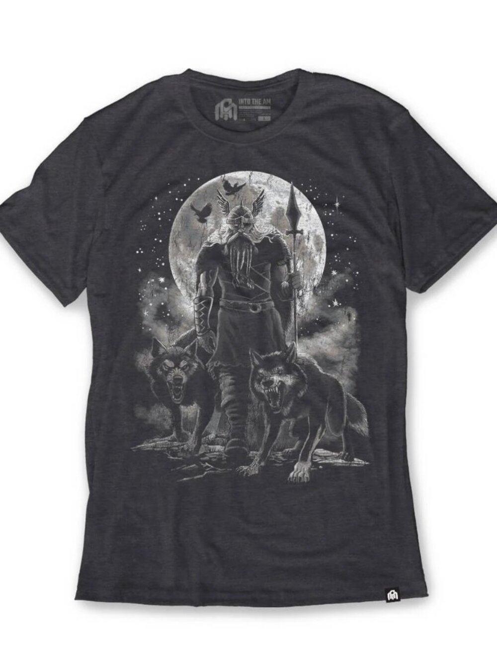 Charcoal Norse Warrior Wolves Graphic Tee Moonlit Mythology Art Shirt